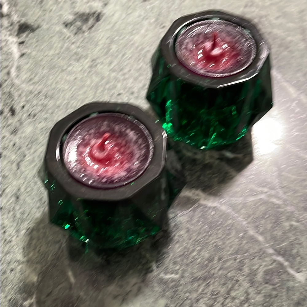 Green Glass Candle Holders with Red Candles